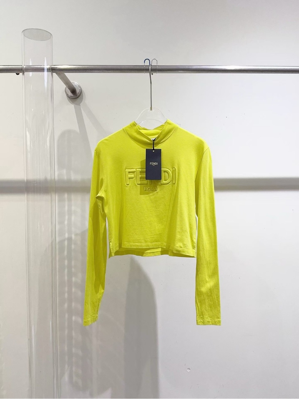 Fendi Neon Yellow Cropped Long-Sleeve Logo Tee